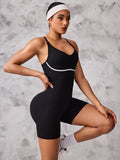 Women Contrast Line Cami Jumpsuit Tummy Control Butt Lifting Bodycon Short Unitard For Yoga Pilates Fitness Workout