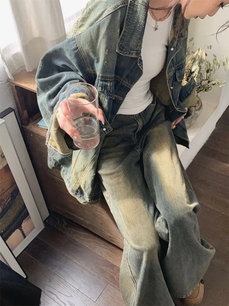 Vintage Washed Denim For Women Loose Fit Street Style Casual Biker With Retro Spring Autumn Layering Outerwear