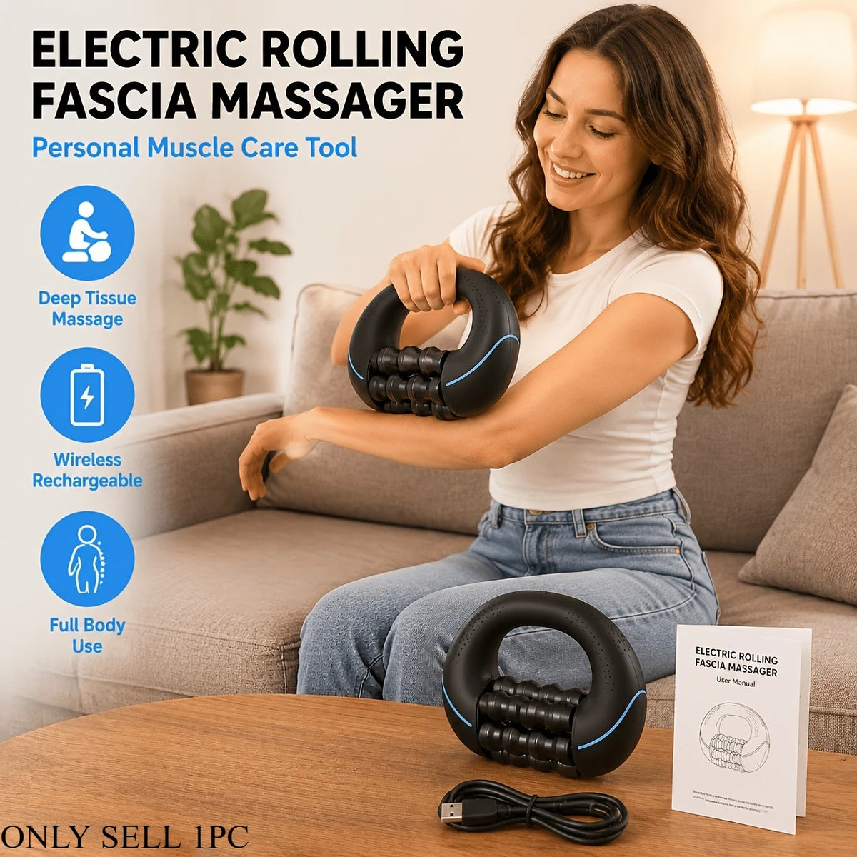Electric Roller Percussion Hand Massager, Rechargeable Portable Tool for Shoulder, Back, Legs and Arms Relief