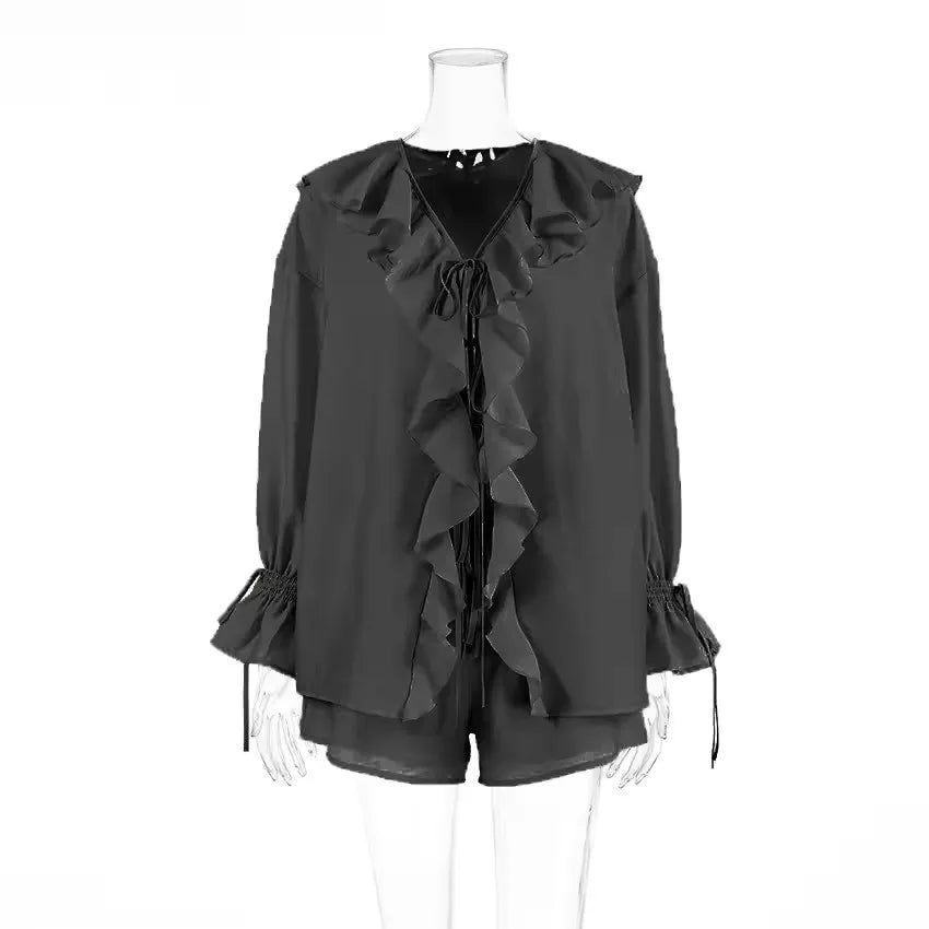 New Casual Shorts Two-piece Set For Women Ruffled Loose Lace-up Top Simple Shorts Suit Office Ladies Summer Women's Shorts Suit