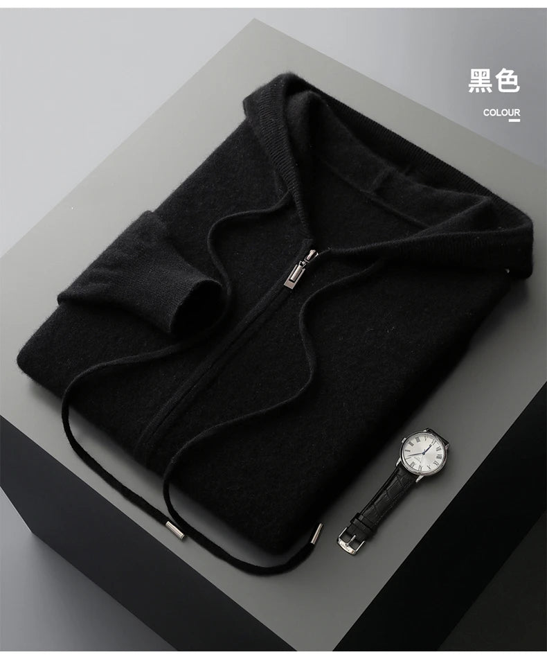 Hot Selling New Style Real Knitted Men's Cardigan Hooded Sweater Loose Full Sleeves Autumn and Winter Men's Pure Wool Sweater