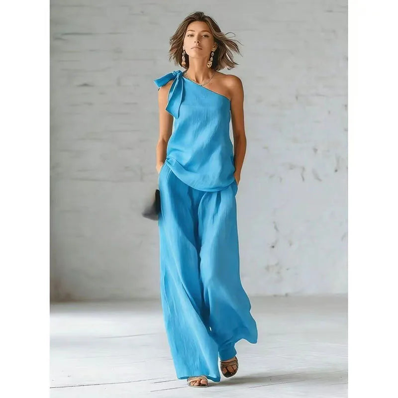 2026 Summer Sexy Off Shoulder Tank Tops Wide Leg Pants Two Piece Sets Casual Loose Solid High Waist Pants Sets Lace Tops Outfits