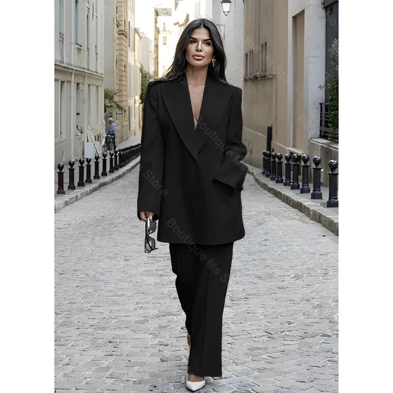 Chic Loose White Single Breasted Women Pants Set New Female Two Pieces(Blazer+Trousers) conjuntos femininos elegantes