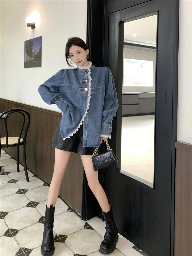 2025 Spring Lace Denim Shirt Women Fashion Patchwork Long Sleeve Blouse Female Loose Stand Collar Button Down Jean Shirts Woman