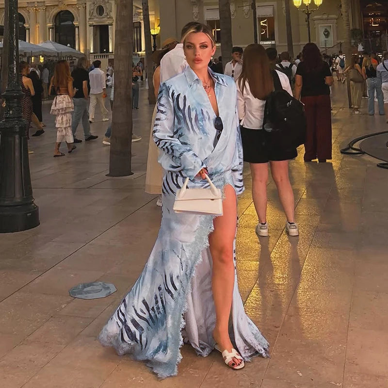 Fashion Lace Patchwork Women's Dress Turn-Down Collar Long Sleeve Waist-Closed Side Split Zebra-Stripe 2026 Summer Female Robe