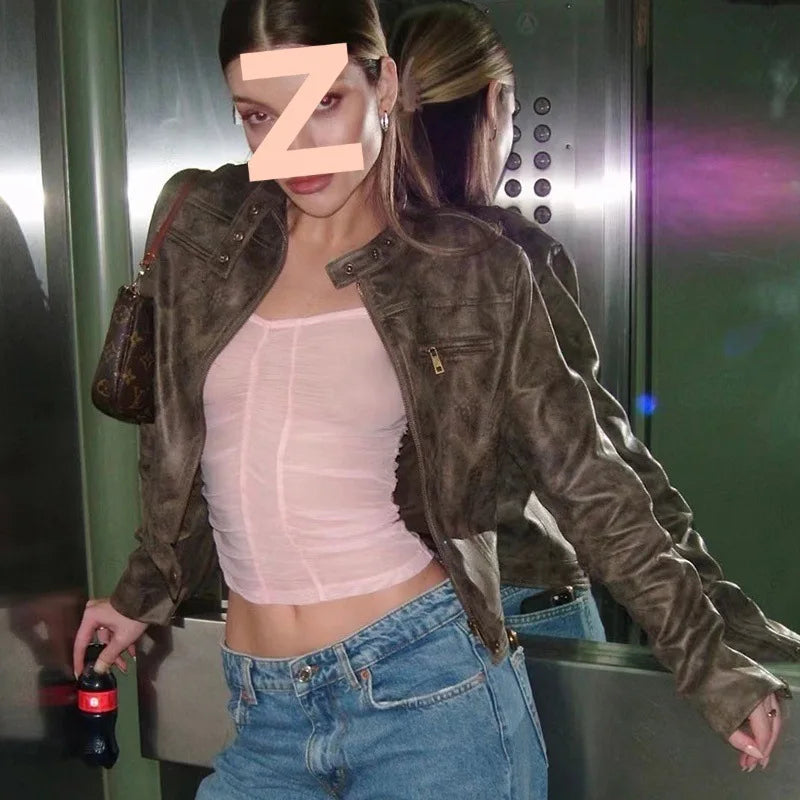 American Y2K Retro Distressed Brown Short Jacket 2026 Spring New Hot Girl Versatile Stand Collar PU Leather Jacket