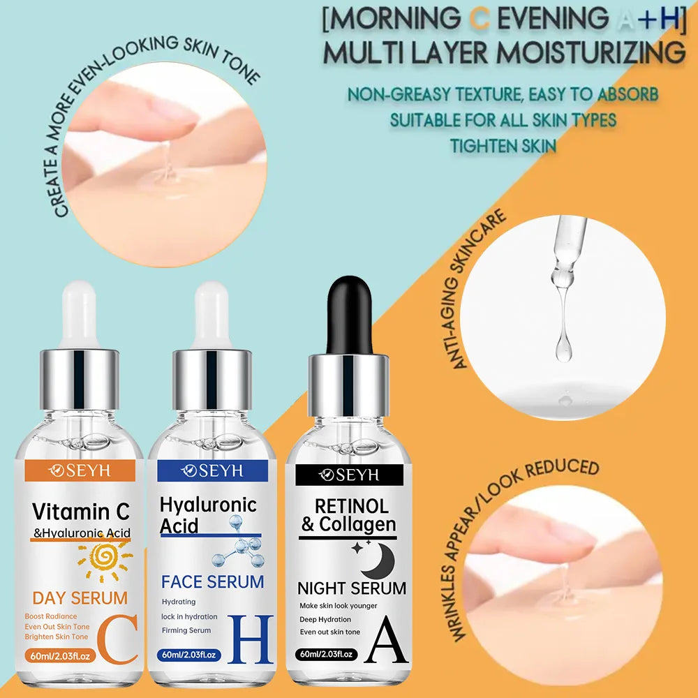 SEYH 3-Piece Set Day & Night Vitamin C + Retinol + Hyaluronic Acid with Collagen Aloe Vera Niacinamide Brightening Skin Tighteni