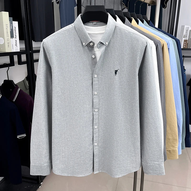 High End 100% Pure Cotton Long Sleeved Men's 2026 Spring Fashion Solid Color Business Casual Small Horse Logo Shirt
