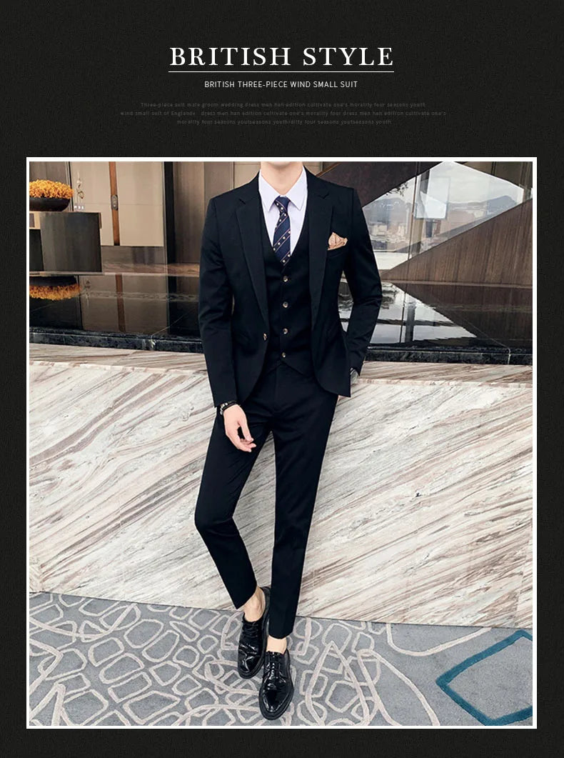 S-7XL ( Blazer + Vest + Pants ) Striped Plaid Solid Color Mens Formal Business Suit 3Pcs Set Groom Wedding Social Show Dress