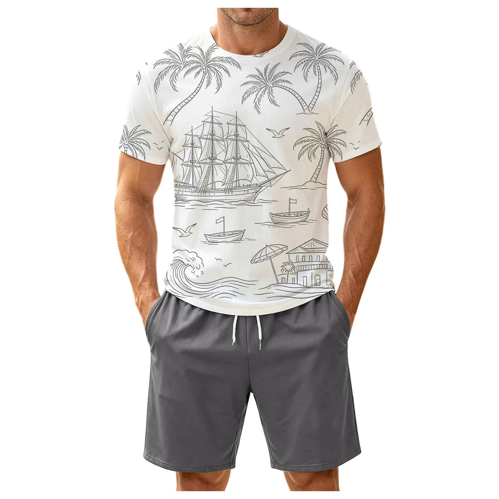 Men's Two Piece Set: Fun Printed Short Sleeved T Shirt And Belt Shorts Stylish And Simple Printed Set Tuxedo Suit Set for Men