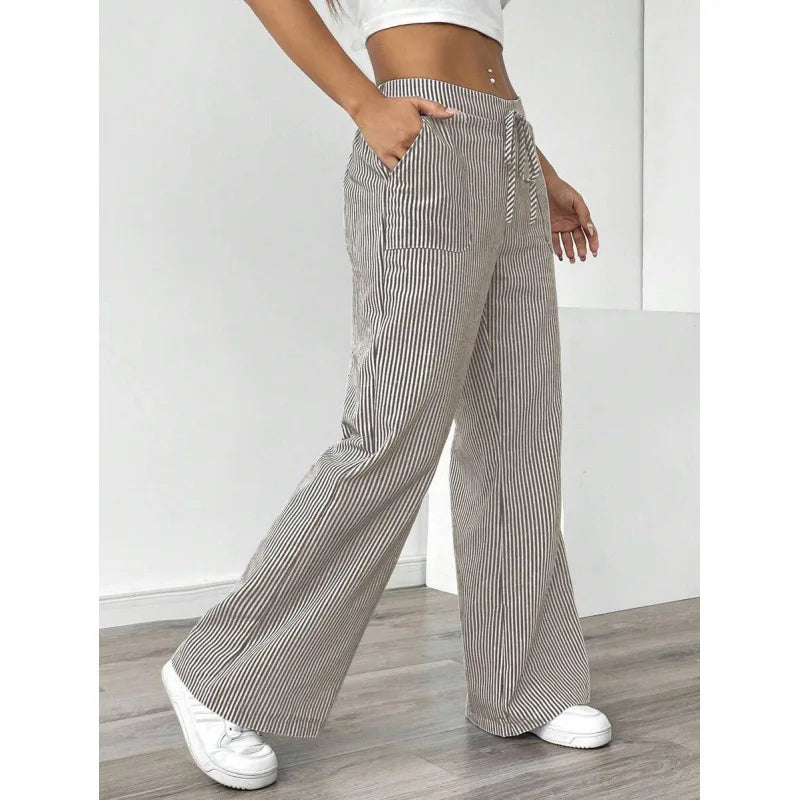 Autumn Women Striped Wide Leg Pants Casual Loose Fit Trousers Streetwear Trendy Fashion Comfortable Elastic Mid Waist Bottoms