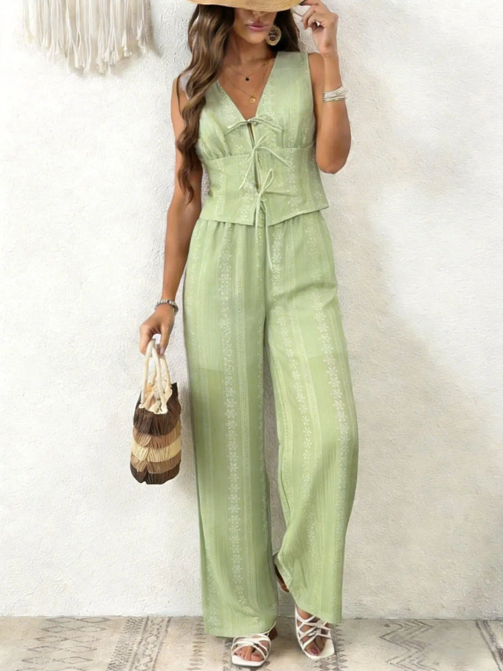Women Multi Color Eyelet Lace 2 Piece Outfit Sleeveless V Neck Tie Front Crop Top Wide Leg Pants Summer Casual Set
