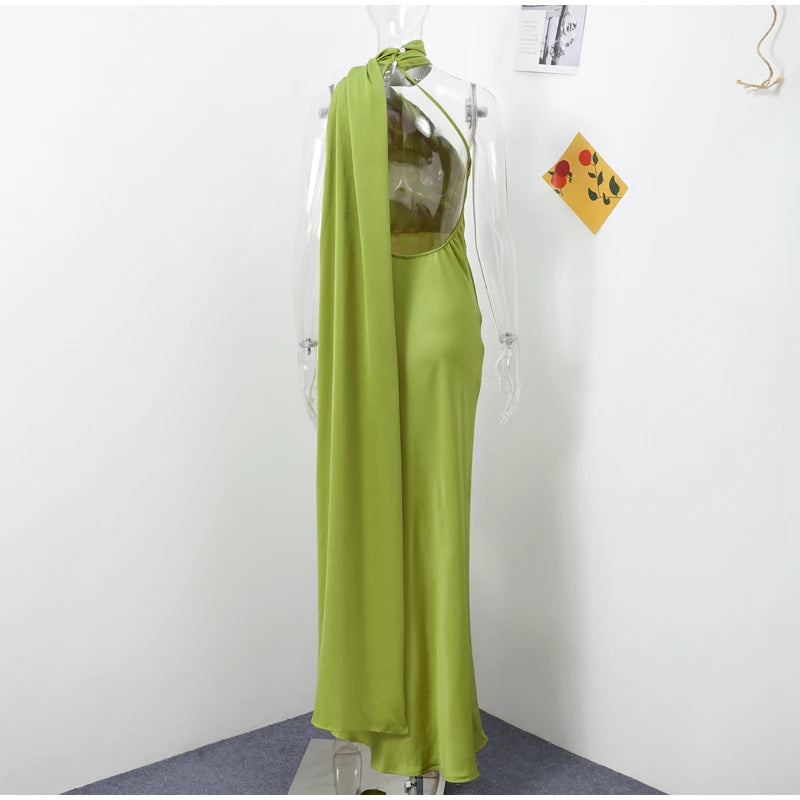 Backless Satin Long Sling Dress Women V Neck Sleeveless Slit Solid Sexy Party Dresses 2026 Summer Lady Vacation Evening Robes