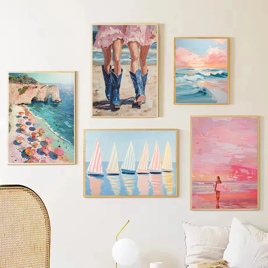Abstract Coastal Cowgirl Beach Boat Oyster Shell Lighthouse Colorful Summer Poster Canvas Painting Wall Art Pictures Home Decor