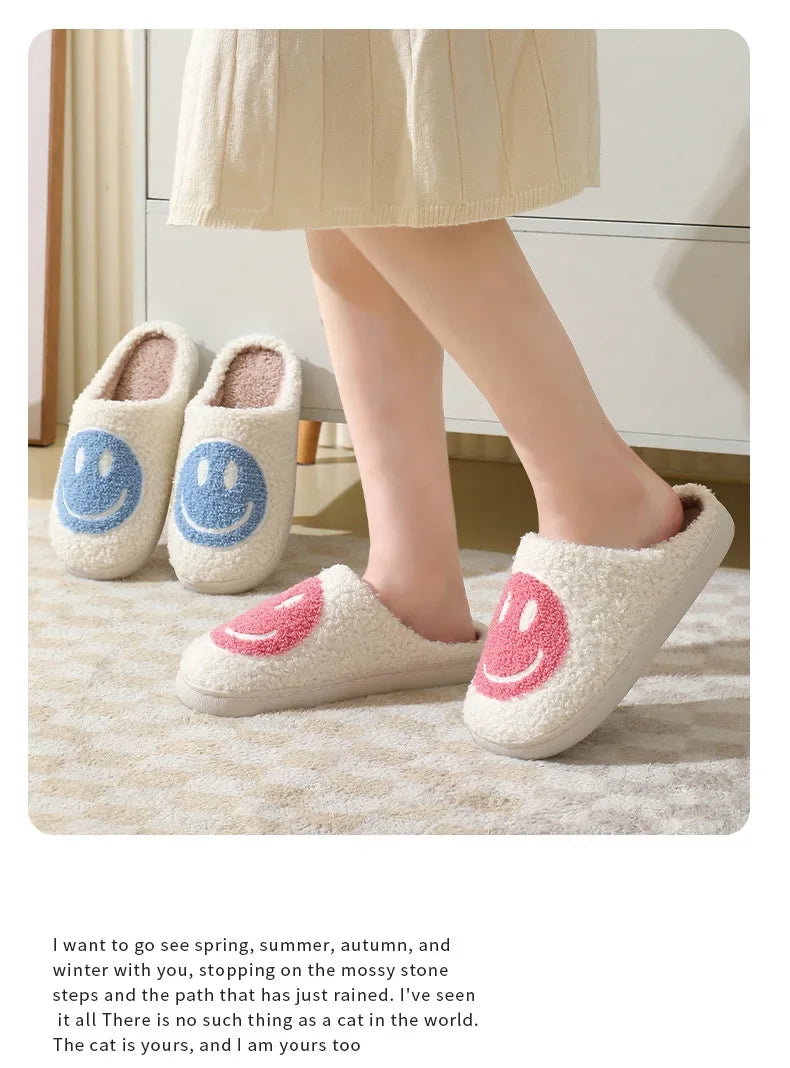 Fuzzy Smile Face Women man Slipper Kawaii Cartoon Plush Contton Indoor Funny Cute Winter Warm Floor house Home Non slip Shoes
