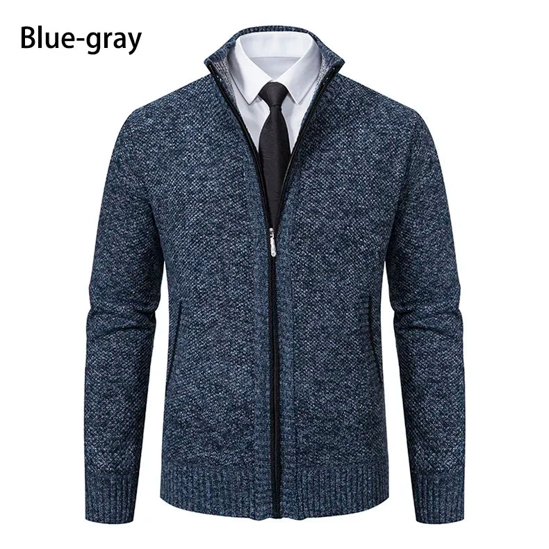 2025 Autumn and Winter New Jersey Men's Casual Sports Coat Solid Color Stand Collar Sweater Grab Fleece Warm Zipper Cardigan