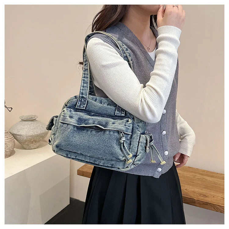 Trendy Vintage Denim Top Handle Bag Women Fashion Spring Shoulder Bag Casual Comfortable and Versatile Texture Storage Bag