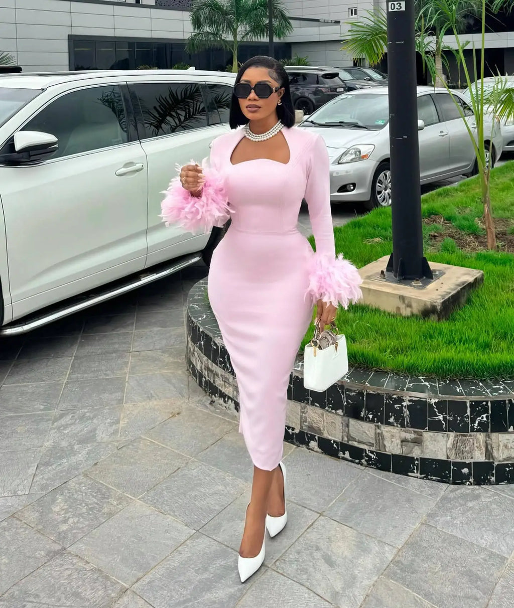 CM.YAYA Women Feather Hem Flare Long Sleeve Bodycon Mid-calf Length Dress 2024 Fall Winter Birthday Vestidos Party Even Dresses