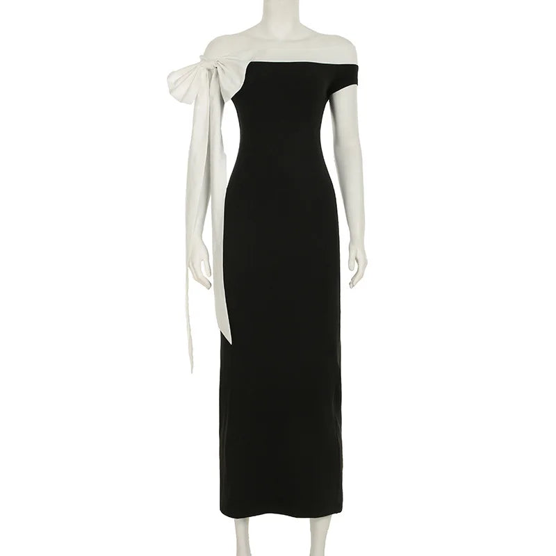 Hmsevenjz Black and White Bow Off Shoulder Long Dress for Women's Summer Sexy Slim Fit Short-sleeved Elegant Dress