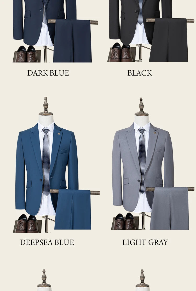 ST Cassy Dark Blue Men's Suit Slim Fit Solid Color Suit Formal Business Office Single Breasted Coat Pants 2 Pieces Set