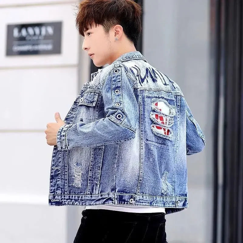 Ripped Button Men's Denim Jacket Washed Branded of Fabric Trendy Casual Original Aesthetic Fashion Male Jean Coats Fast Delvery