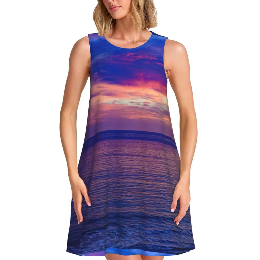 Ocean Sunset Casual Dress Palm Tree Print Sleeveless Elegant Dresses Ladies O Neck Simple Dress Day Print Clothing Birthday Gift