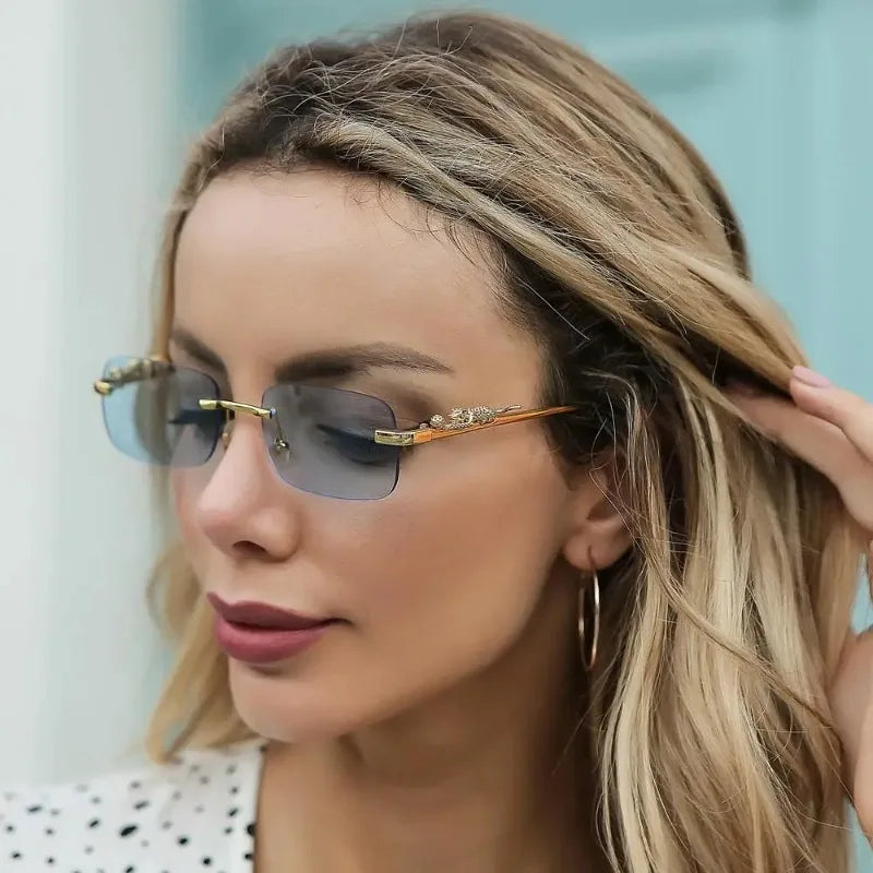 Unisex Luxury Rimless Square Sunglasses - Brand Designer Leopard Head Metal Shade Eyewear Travel Driving