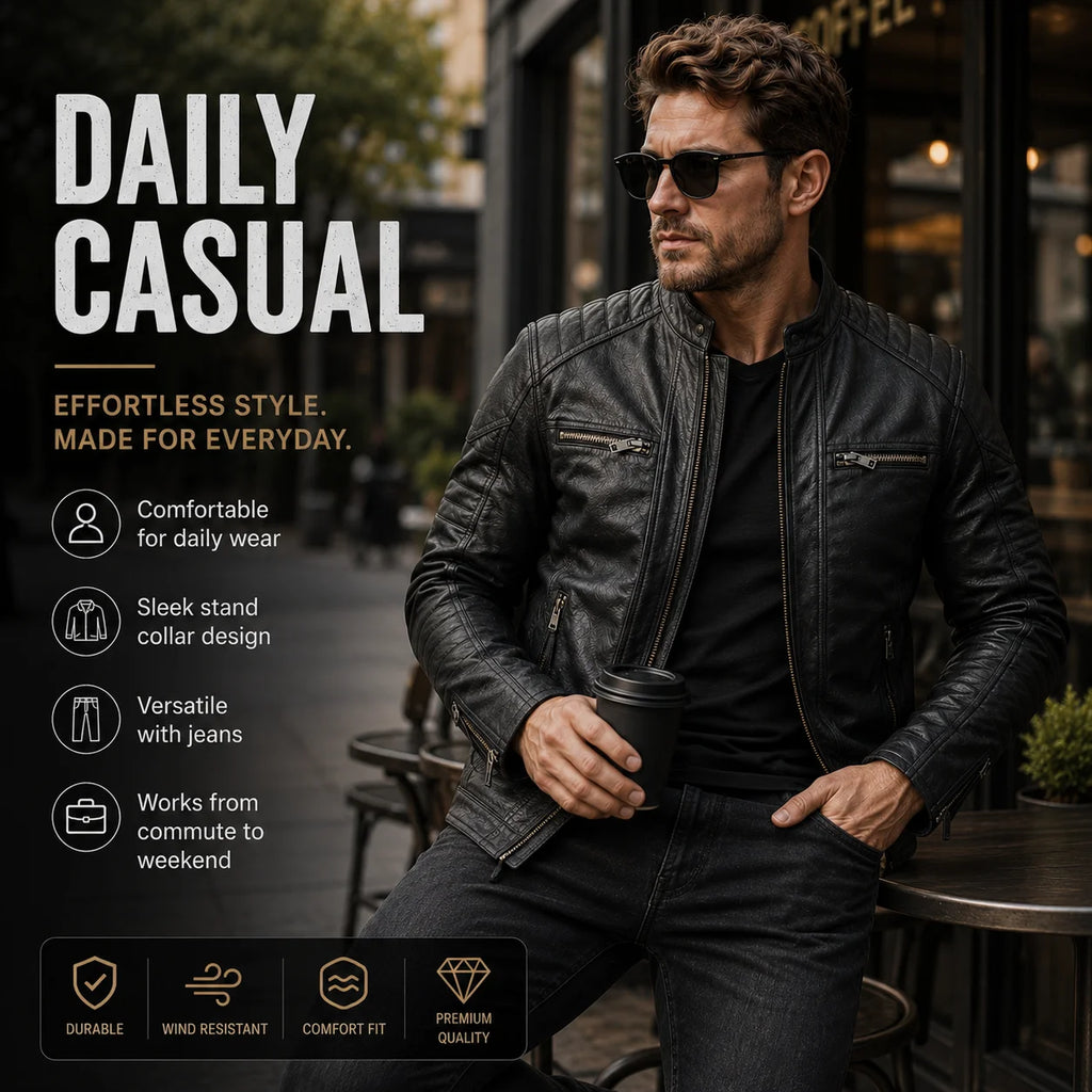 New Motorcycle Causal Vintage Leather Coat Men Autumn Outfit Fashion Biker Pocket Design Top Layer Cow Leather Jacket