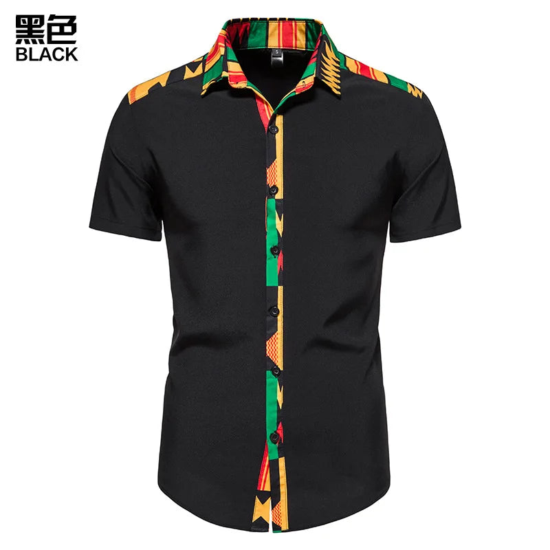African Ankara Kente Print Shirt Short Sleeves Summer Men's Fashion Patchwork Button Up Traditional Dashiki Casual Tops