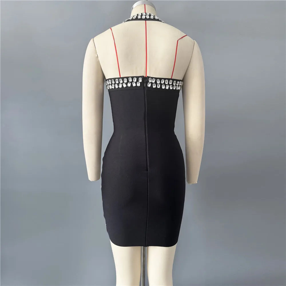 Luxury Diamond Rhinestone Women Summer Halter Bandage Dress Club Evening Party Mini Dresses