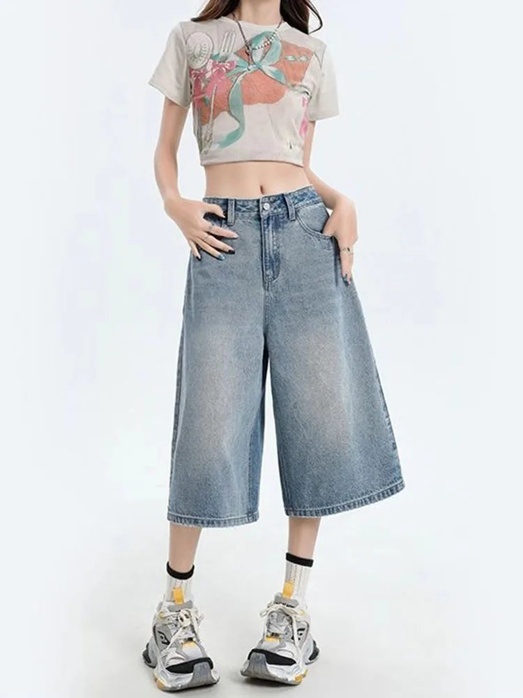 Women's Retro Casual Jeans  Summer New Wide-Leg Pants  High-Waisted Plus-Size Pear-Shaped Body-Camouflaging Straight Leg Pants