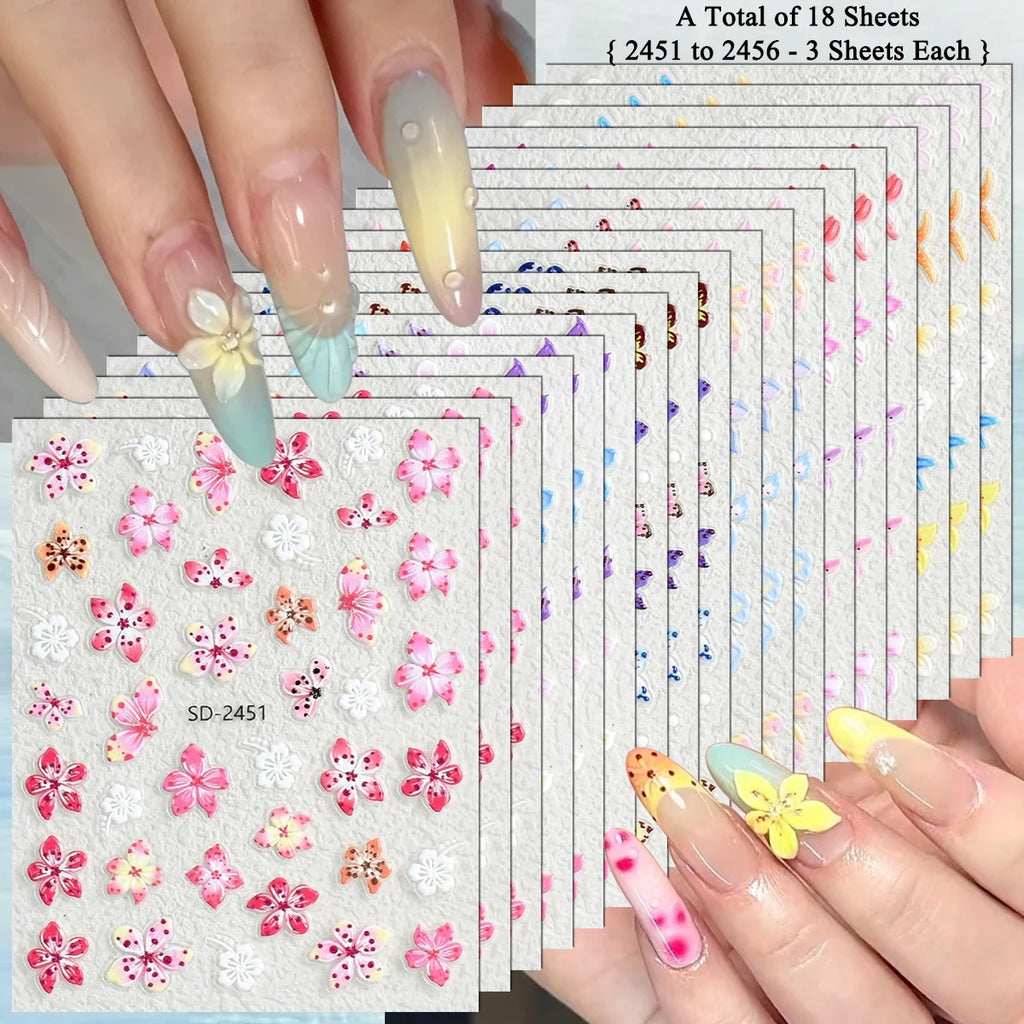 3 to 120 Sheets Tropical Flower Nail Stickers Hibiscus Butterfly Starfish Nail Decals 5D Embossed Self Adhesive Summer Nail Art
