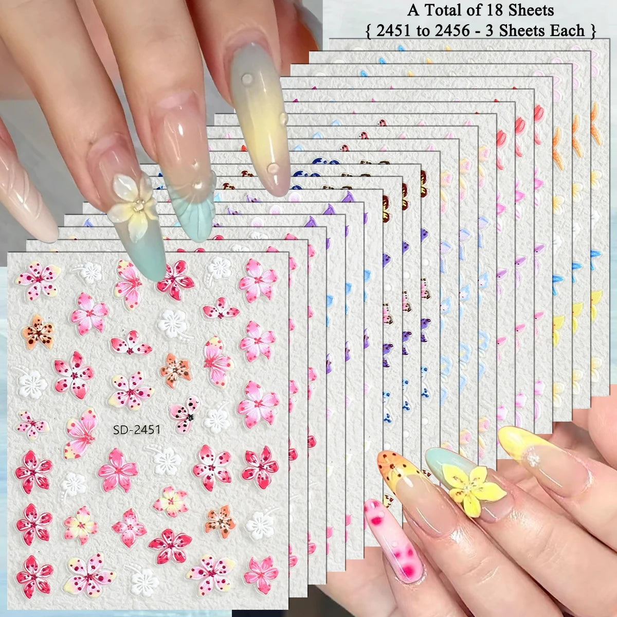 3 to 120 Sheets Tropical Flower Nail Stickers Hibiscus Butterfly Starfish Nail Decals 5D Embossed Self Adhesive Summer Nail Art