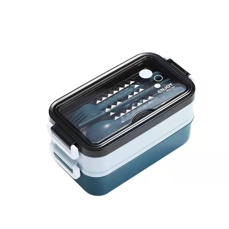 1Pc 1400ml Double-Layer Lunch Box, Portable Compartment Food Container, Microwave Safe with Fork, Chopsticks & Spoon for Picnic