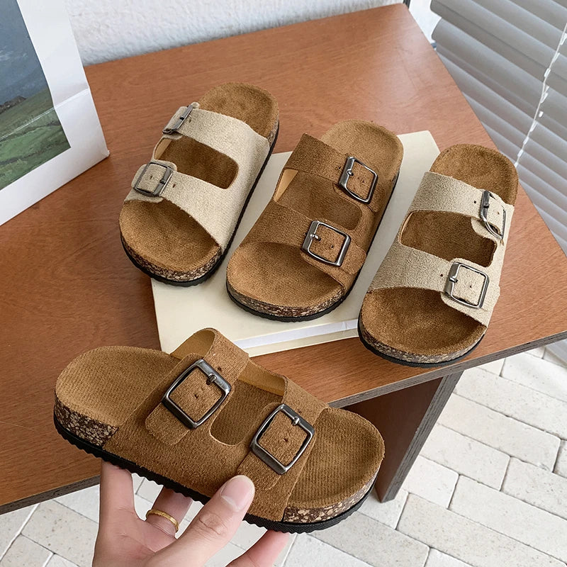 Summer Toddler Kids Boys Girls Suede Cork Slide Sandals Double Buckle Non-Slip Soft Sole for Indoor Outdoor Daily Casual Wear