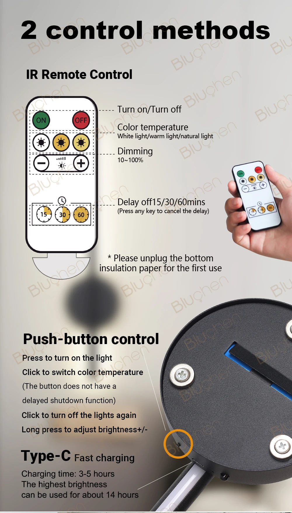 Wireless Wall Lamp Sconce Rechargeable USB-C 4400mAh battery Remote Control Dimmable LED Wall Lamp For Bedroom Living Room