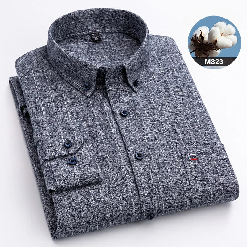 New in ShirtPlus Size 7XL 100% Cotton Sanding Long-Sleeve Shirts for Men Slim Fit Plain Shirt Striped Plaid Single Pocket Clothe