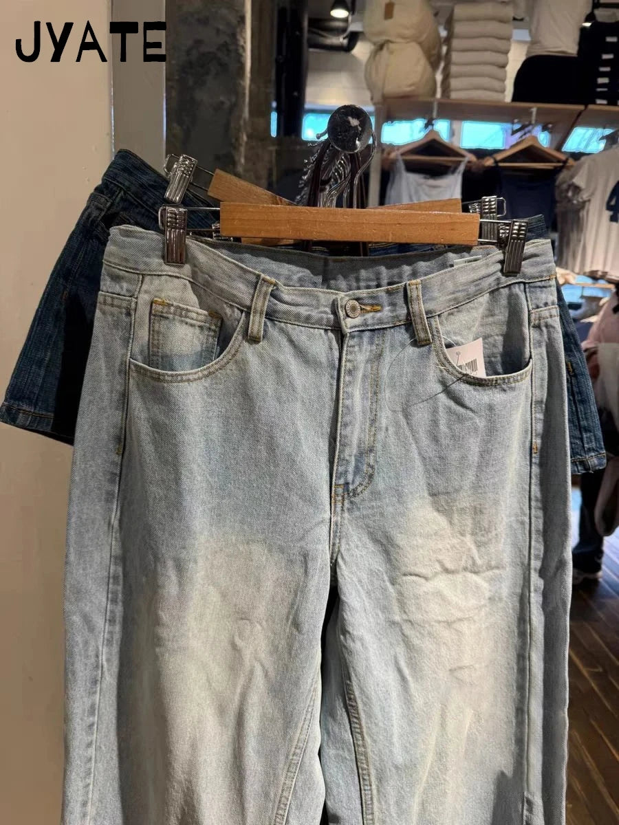 American Vintage Distressed Jeans Women Summer High Waist Pockets Straight Denim Pants Streetwear Loose Retro Baggy Trousers Y2K