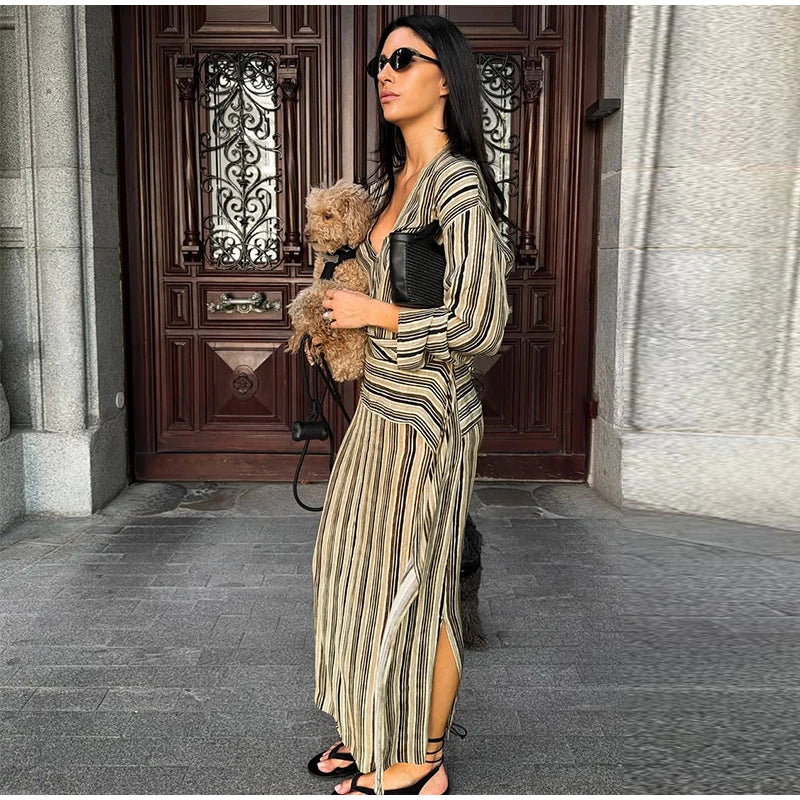 Multicolor Striped Shirt 2 Picec Set Button Front Blouse High Waist Flared Hem Maxi Skirt 2026 Summer Elegant Lady Vacation Suit