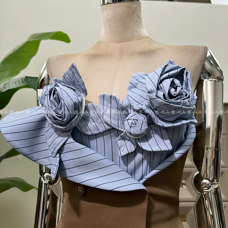 French Style Elegant Socialite 3D Floral Striped Sleeveless Double-Breasted High Waist Slim Sexy Birthday Party Mini Dress Women