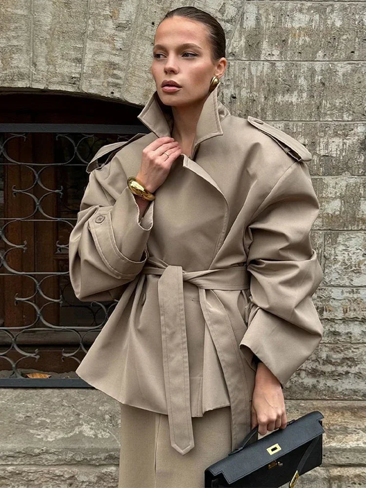 Casual Lace Up Long Trench Coat Women Chic Solid Color Full Sleeve Lapel Windbreaker 2026 Fall New Fashion Loose Commute Jackets