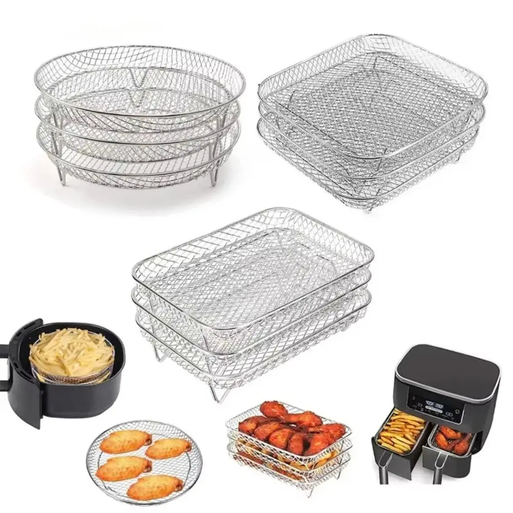New Durable Stackable Air Fryer Rack Non-Stick Stainless Steel Grilling Rack Grill Basket Kitchen Gadgets