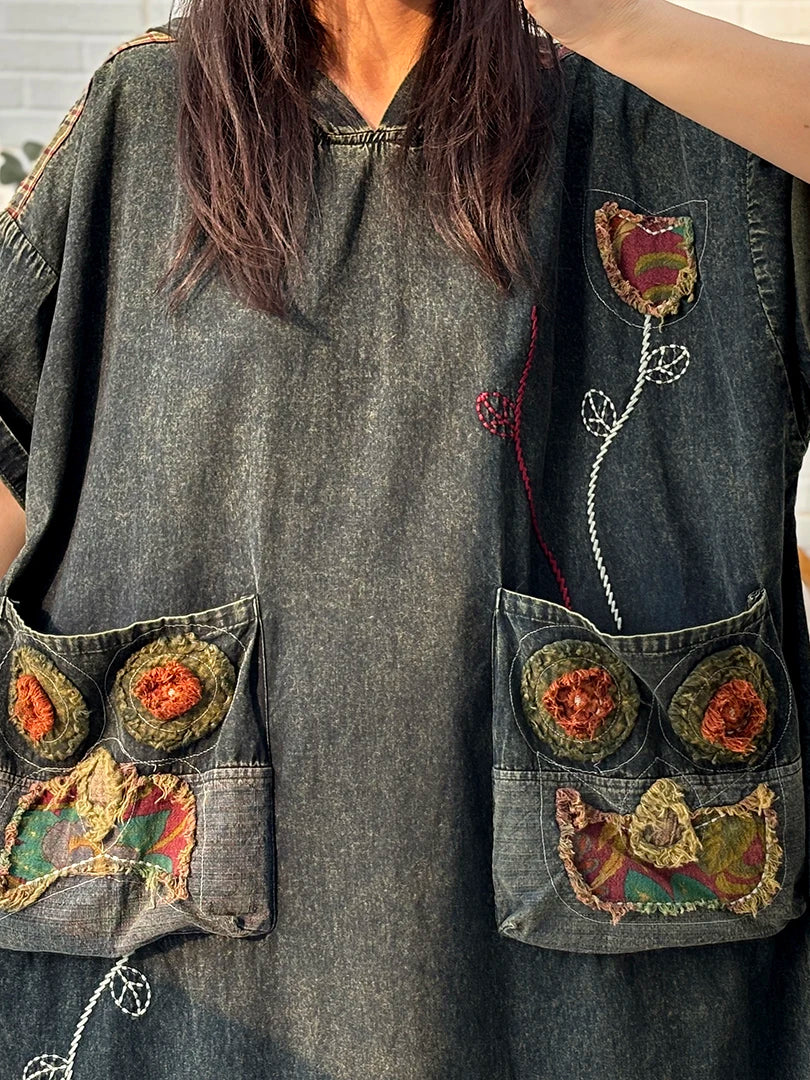 Travel Ethnic Style Artistic Embroidered Hooded Short-Sleeve Denim Dress Women Large Pockets Loose Dress LX5249