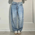 Rhinestone Wide Leg Lady Jeans Diamonds Denim Straigt High Waist Zipper Female Pants 2025 Fashion Pockets Street Lady Trouser