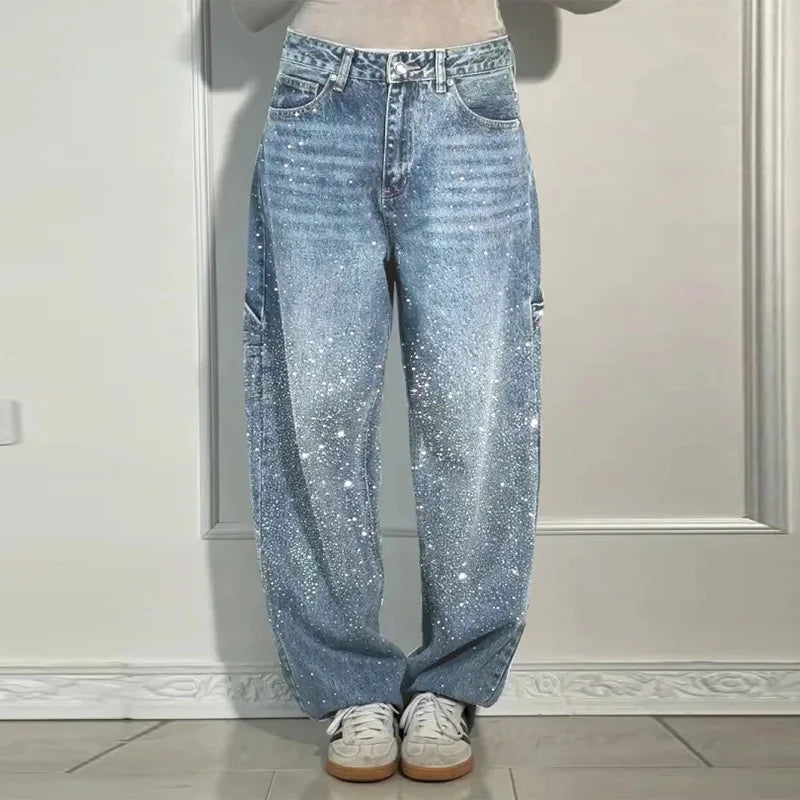Rhinestone Wide Leg Lady Jeans Diamonds Denim Straigt High Waist Zipper Female Pants 2025 Fashion Pockets Street Lady Trouser