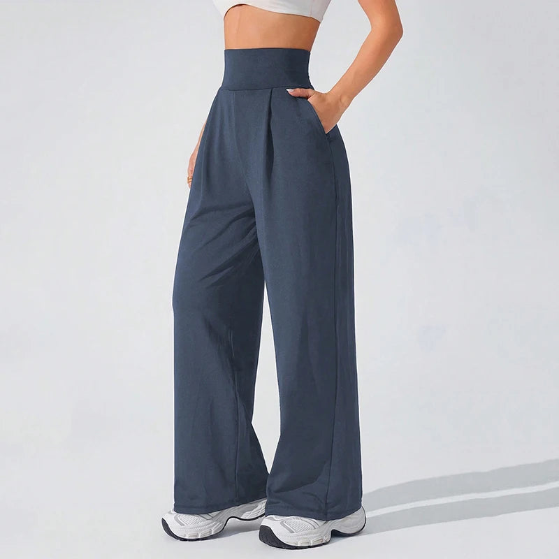 Women's High Waisted Sports Pants with Side Pockets Solid Color Wide Leg Yoga Pants Woman Body Hugging Straight Leg Trousers