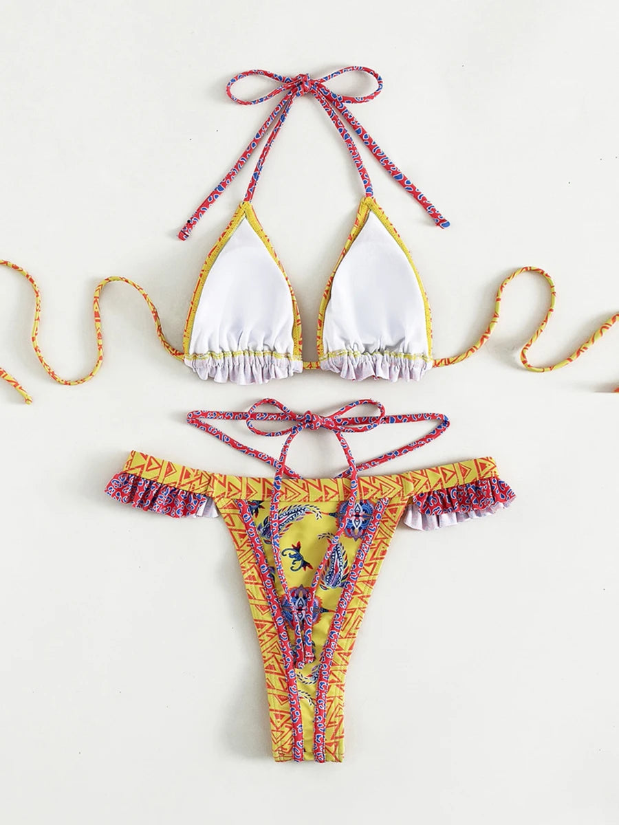Print Bikinis Bordered Bikini Set Mciro Halter Swimwear Women Swimsuit Sexy Beachwear Brazilian Biquini Triangle Bathing Suits