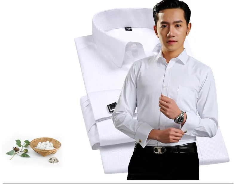2025 Classic Regular Fit White French Cufflinks Men's Business Dress Long Sleeve Shirt Lapel Men Social Shirt