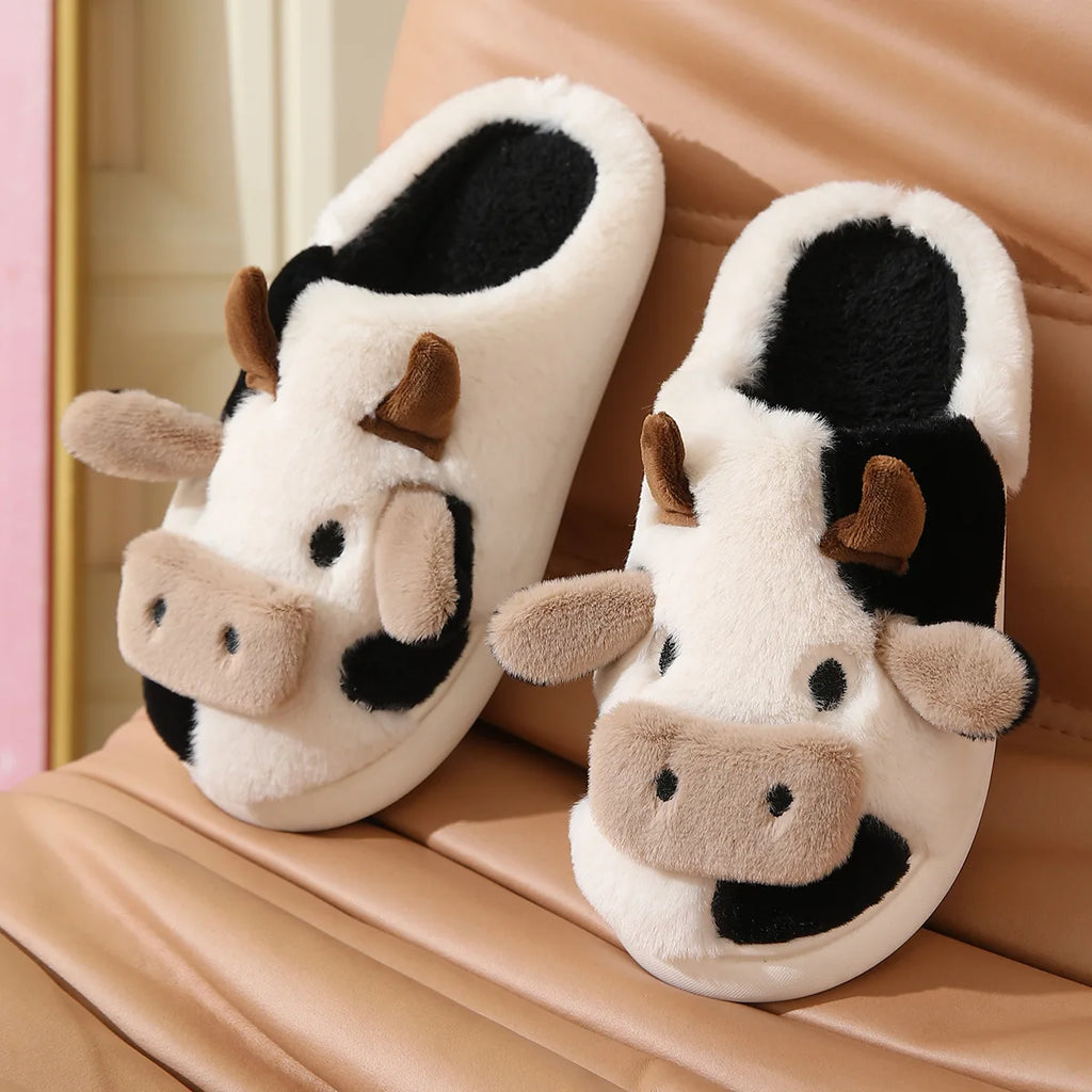 Winter Women Warm Cow Slippers Girls Cute Soft Indoor Bedroom Sandals Men Non-slip Plush Slides Couples Funny Flat Flip Flops