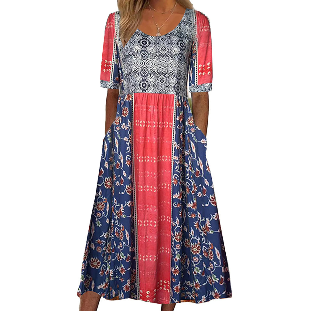 2025 summer new women's Bohemia loose fashion print round neck short sleeve long dress
